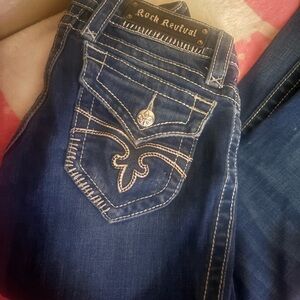 Rock Revival Blue Boot Cut Jeans with Embellished Design